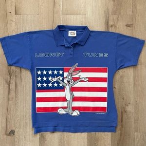 Vintage 1990S Warner Bros. Looney Tunes Bugs Bunny Usa American Flag Polo Shirt